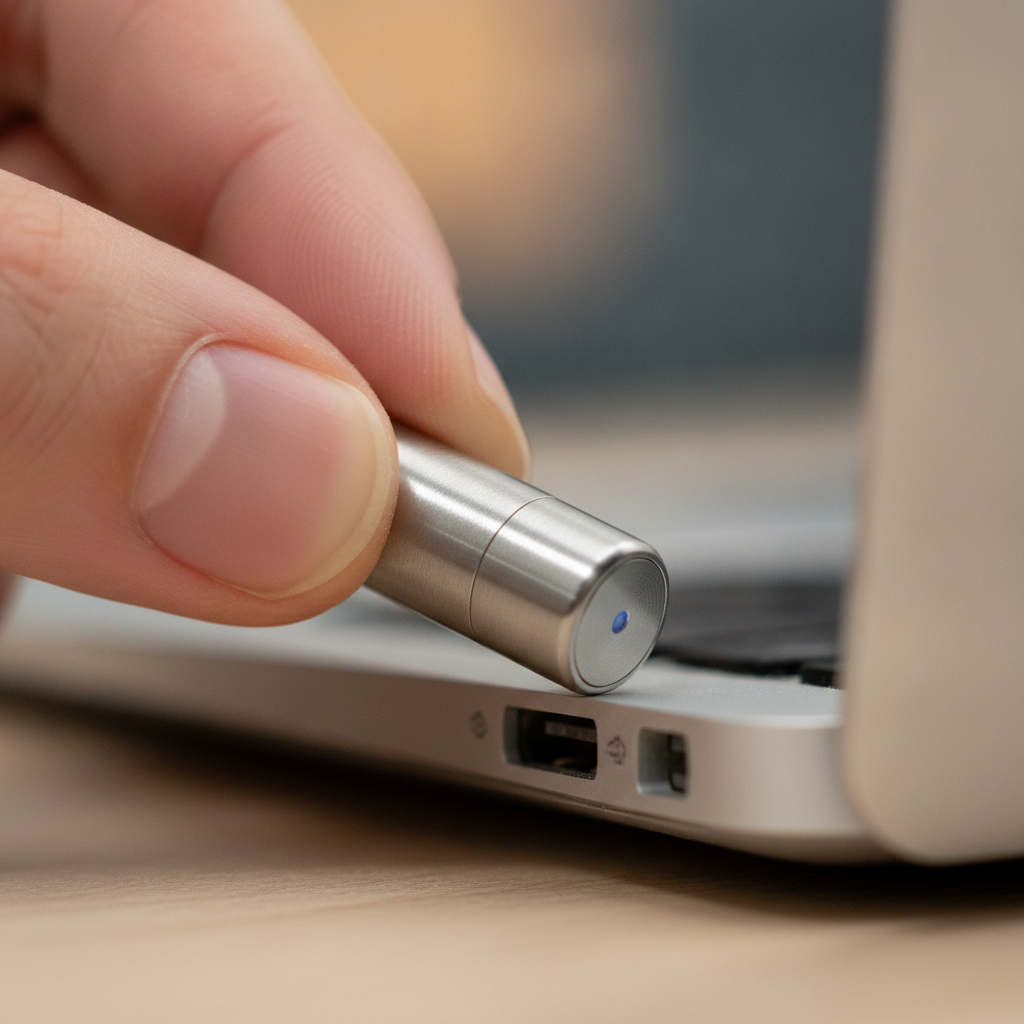 Close-up of hardware security key used for multi-factor authentication in a cloud data security workflow