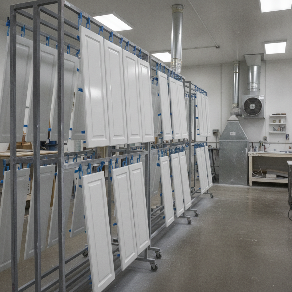 Freshly painted cabinet doors curing on drying racks in a professional finishing setup