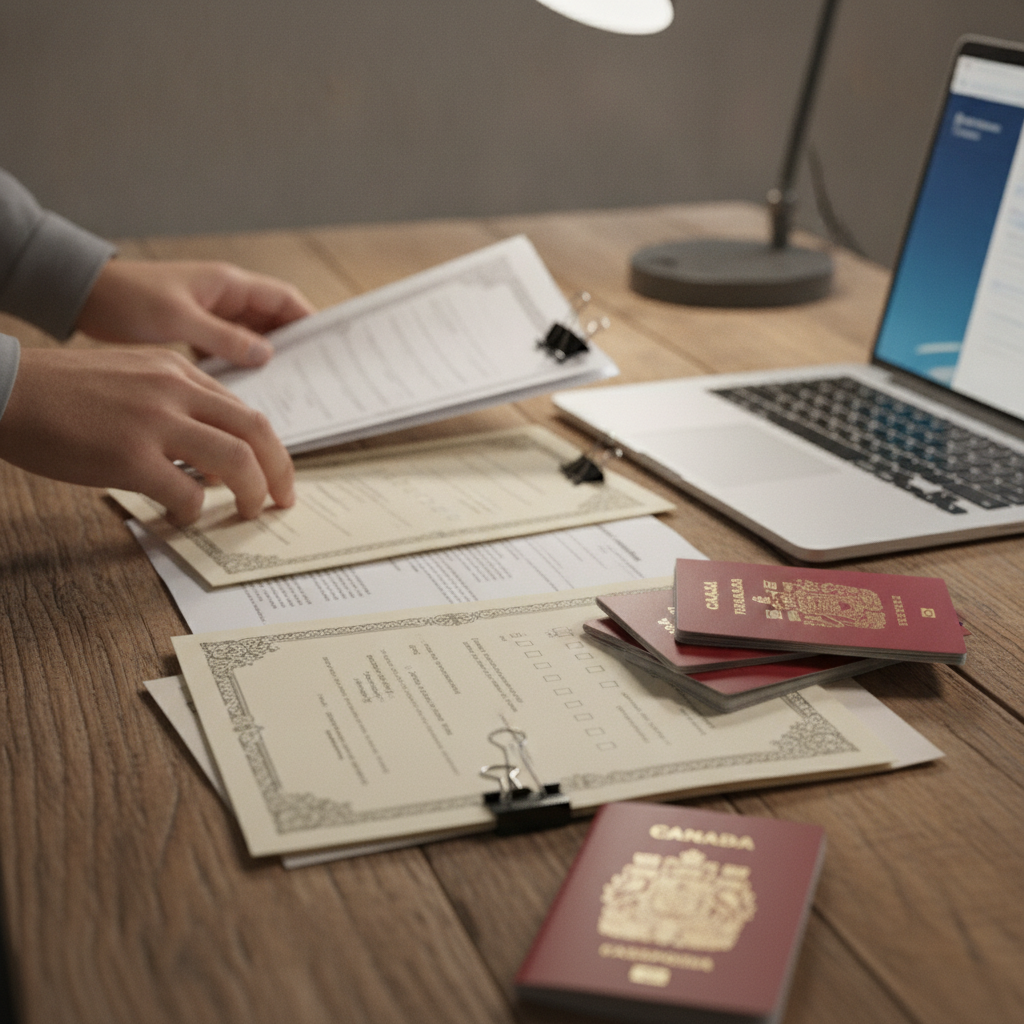 Close-up of organized Canadian family sponsorship documents, passports, and checklist prepared for IRCC submission