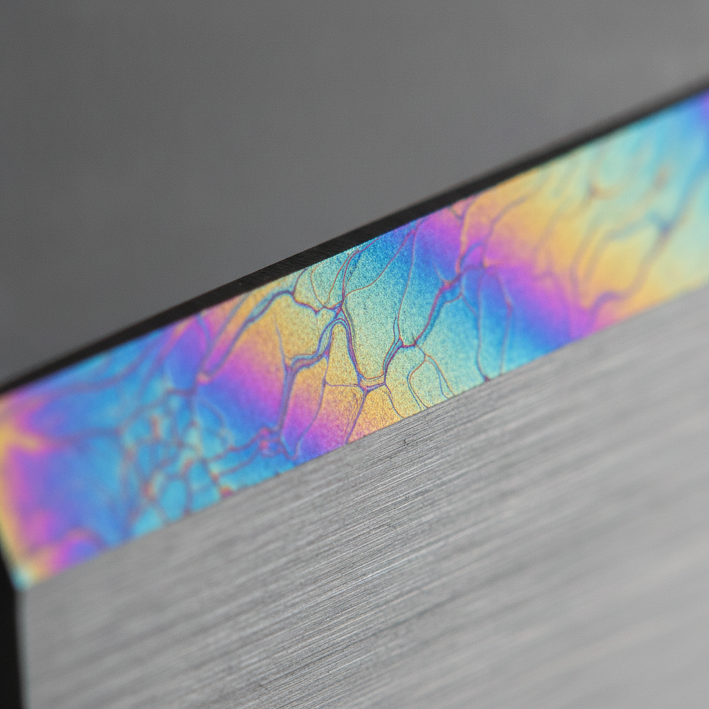 Close-up of a PVD-coated cutting edge showing thin-film interference colors from metal vapor deposition, illustrating dense, uniform coating on tool bevel