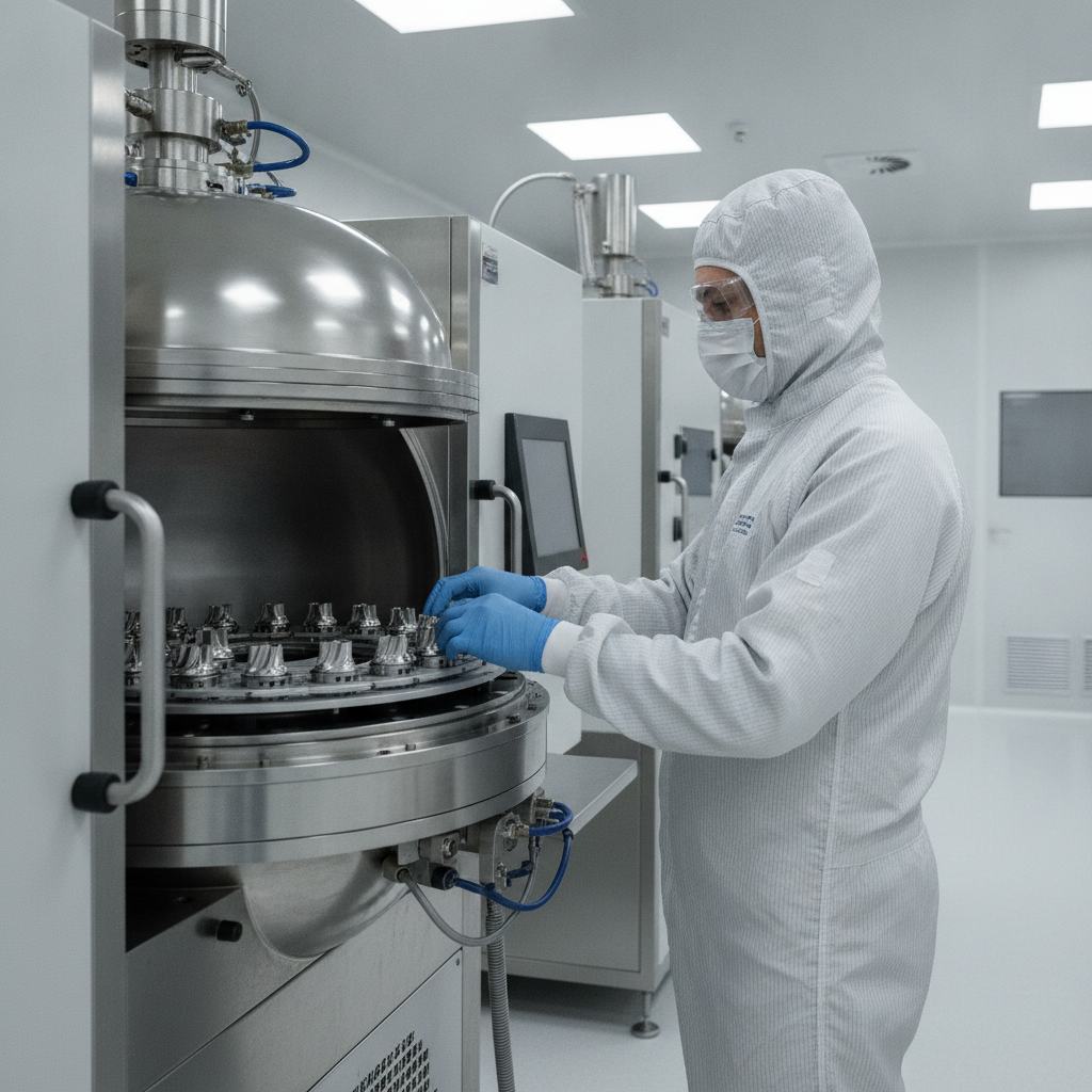 Technician loading parts on a PVD carousel fixture before metal vapor deposition, illustrating fixturing and load orientation for uniform films