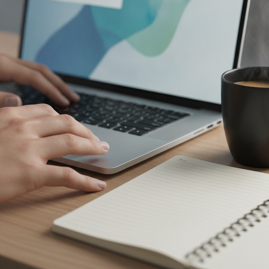 Close-up of hands working on a laptop while preparing SEO-optimized drafts with AI content generation tools