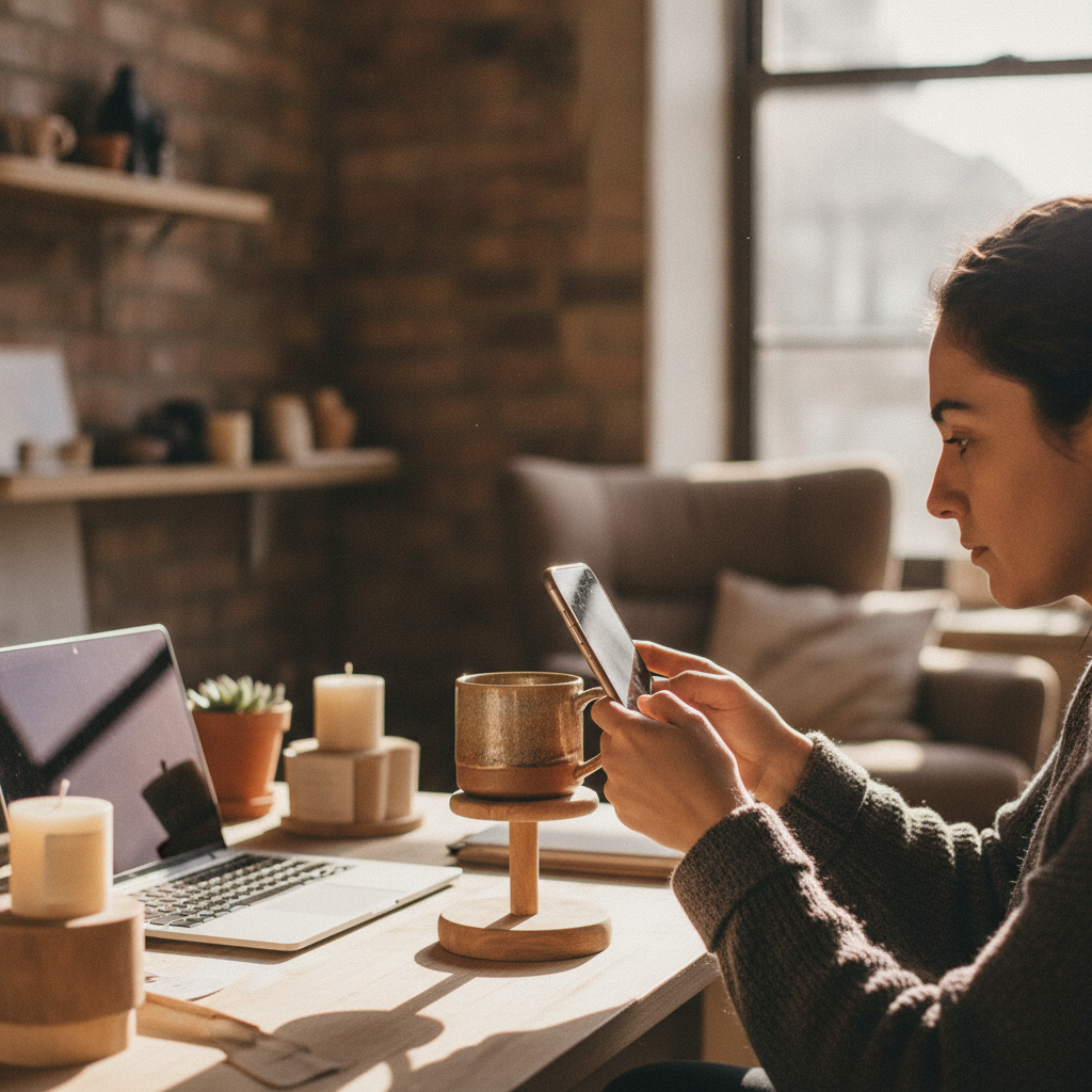 Small business owner creating product photos while AI content generation tools assist with publishing workflow in the background