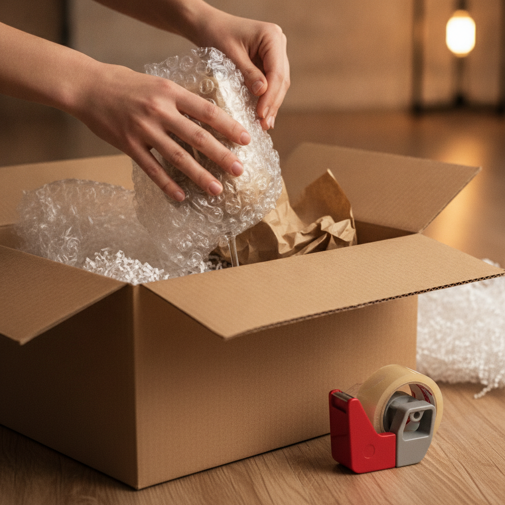 Close-up of safe packing for families using bubble wrap and paper for fragile kitchen glassware during a local move