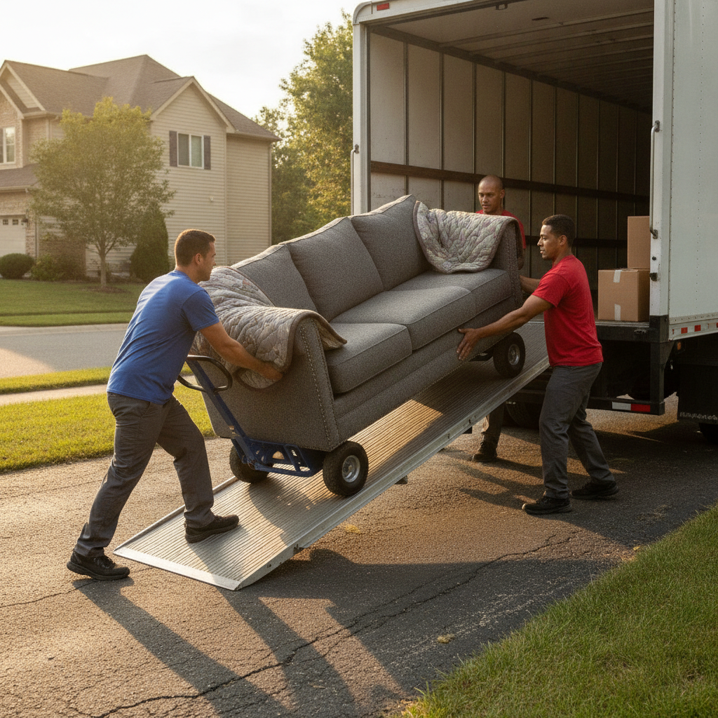Professional movers carrying a couch up a truck ramp using padded blankets and a dolly during a family local move