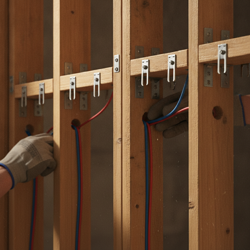 Close-up of residential wood framing and wiring during residential construction in Texas