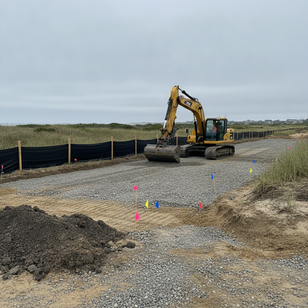 Excavator grading a coastal Texas homesite during site preparation and excavation