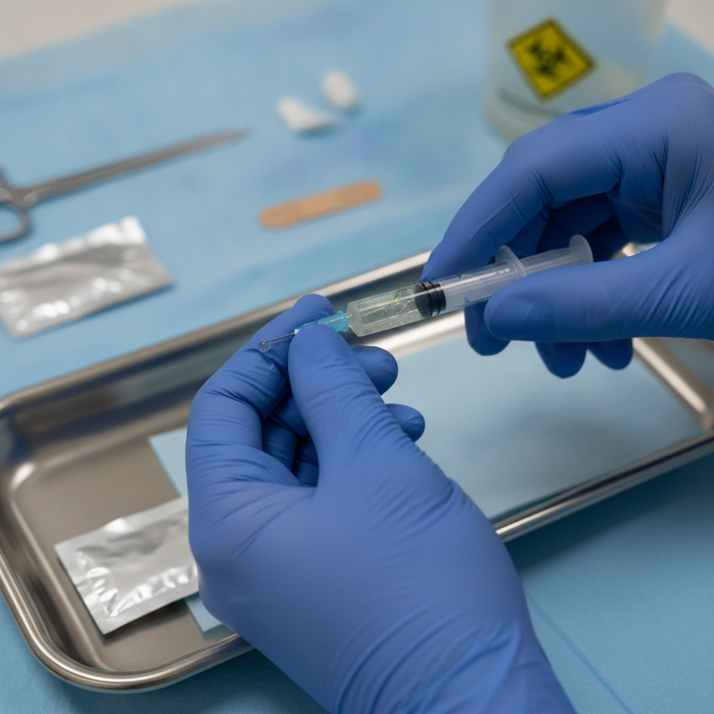 Close-up of monthly extended-release buprenorphine preparation by a Sublocade provider
