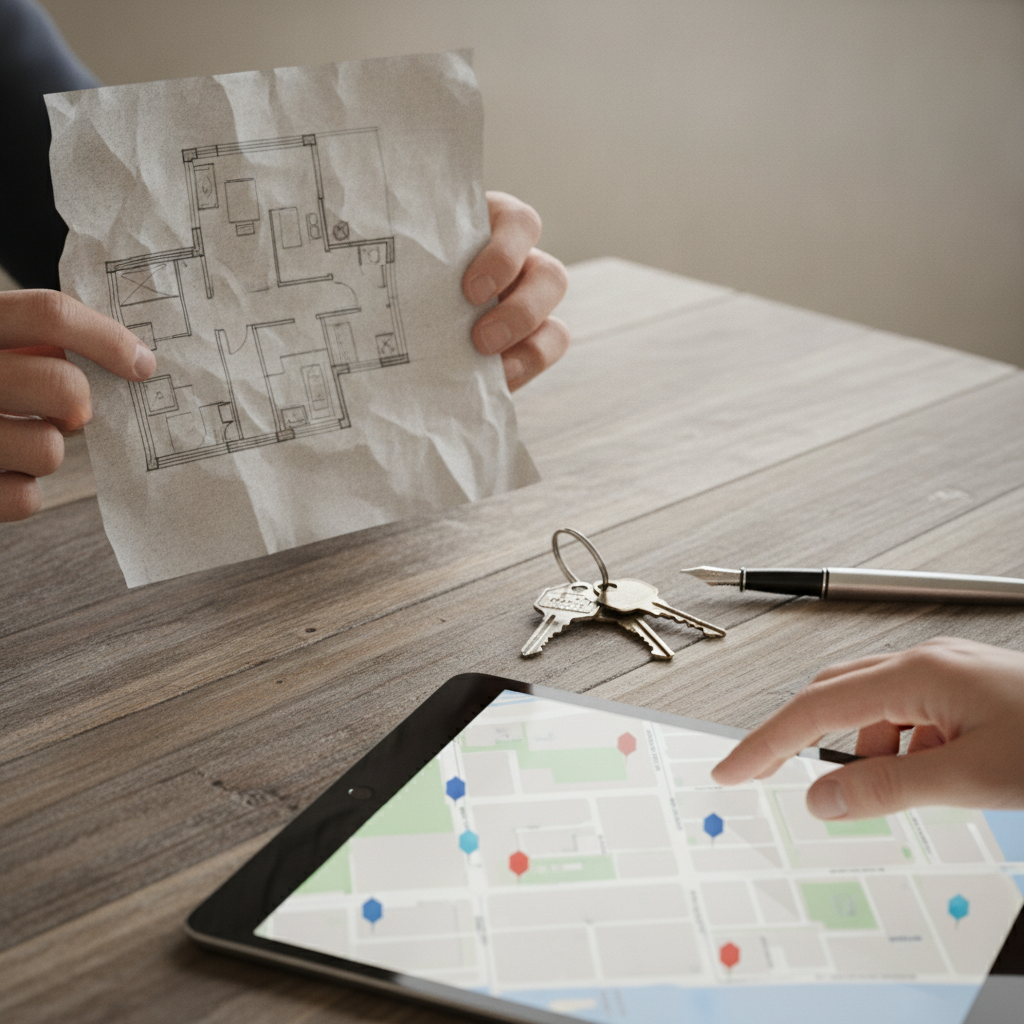 Close-up of hands reviewing a floor plan and neighborhood map during a Brampton real estate consultation, highlighting property search and planning