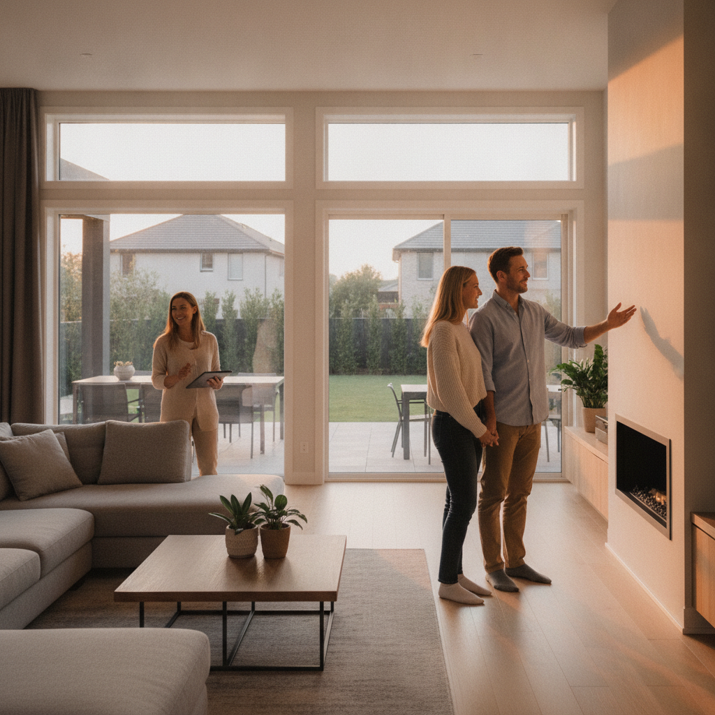 Side-angle view of a couple touring a contemporary Brampton home with a REALTOR, discussing features and next steps during a consultation