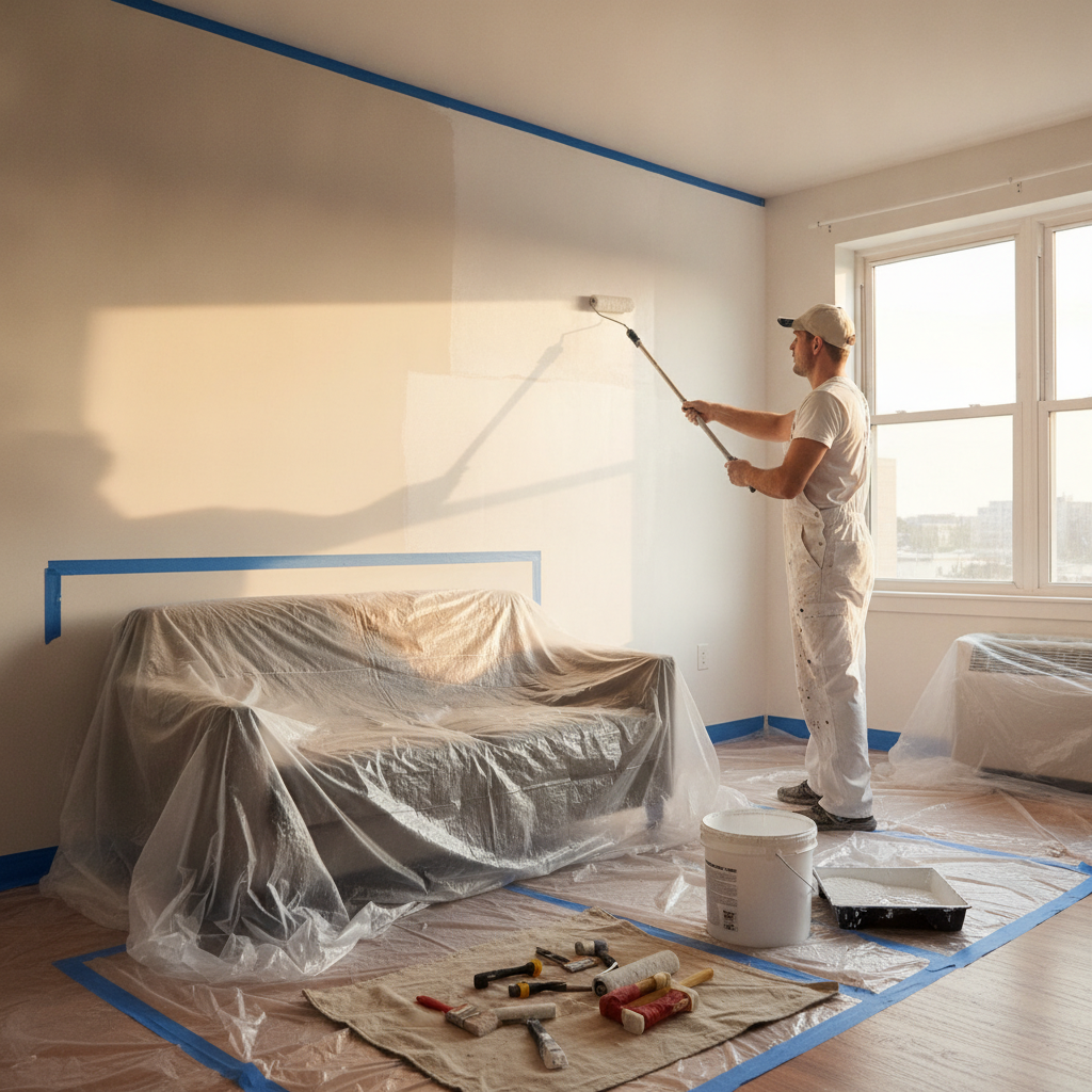 Professional apartment repainting: priming a repaired wall with an extension roller, painter’s tape on trim, and protected furniture for a clean turnover