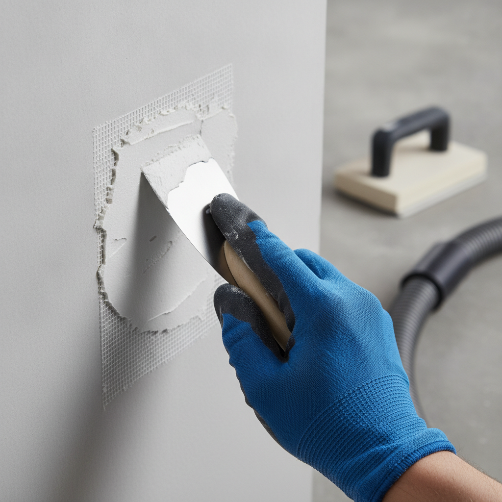 Close-up drywall patching before apartment repainting in a London multi-unit: applying joint compound over mesh tape for a smooth finish
