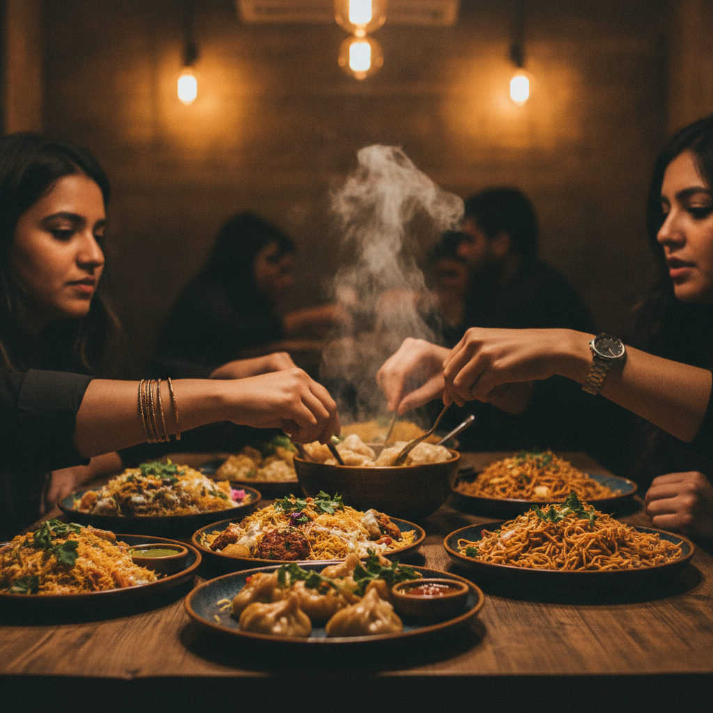 Friends sharing assorted chaat, momos, and Hakka noodles in a cozy restaurant scene