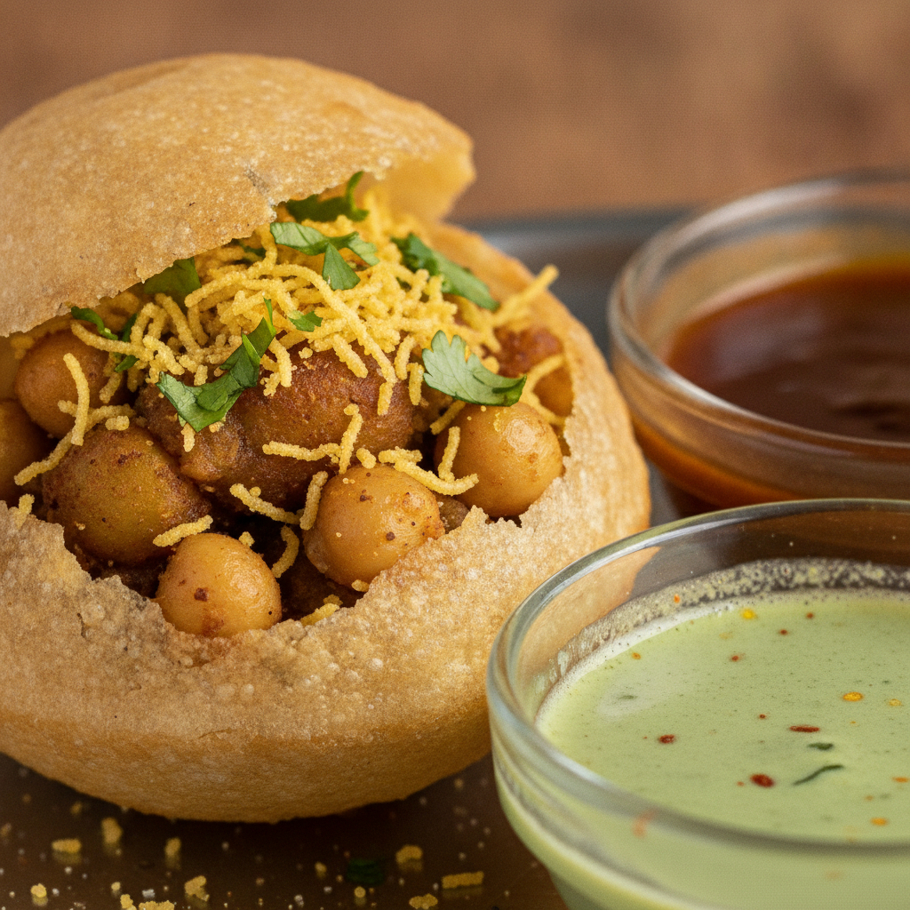 Close-up of pani puri assembly showing street-style chaat textures and ordering tips in action