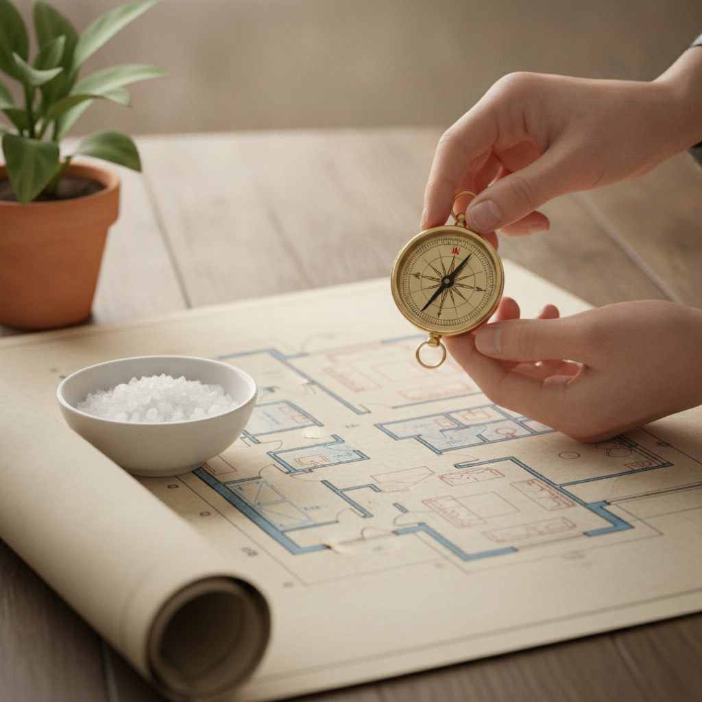 Renter using a compass and floor plan for Vaastu tips in a rented home