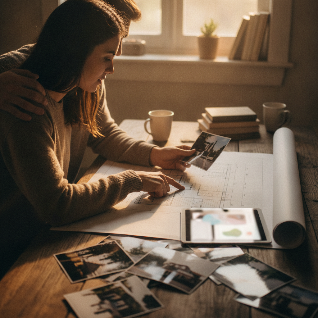 Couple reviewing floor plans and photos while using a tablet alongside an MLS property search shortlist