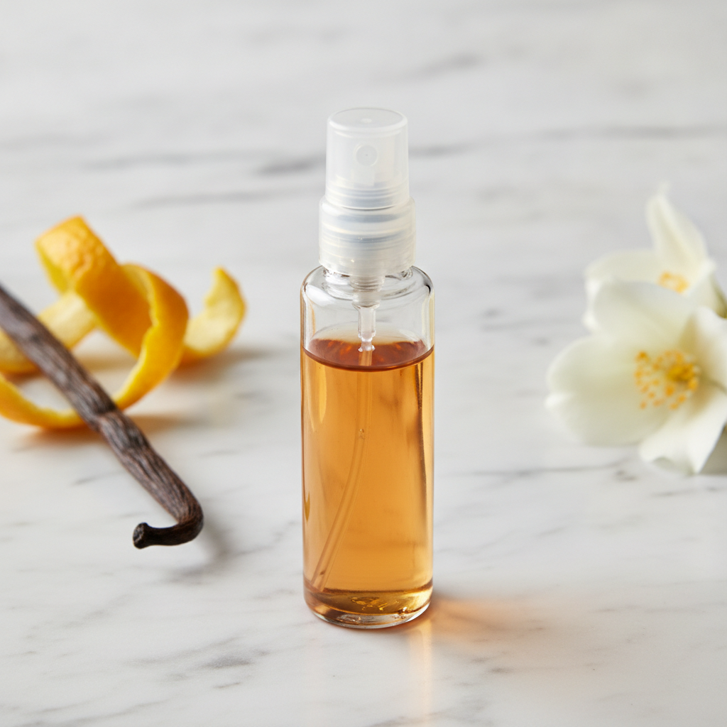 Close-up of a perfume sample vial beside vanilla, citrus, and jasmine, illustrating how to test free perfume samples by mail on skin