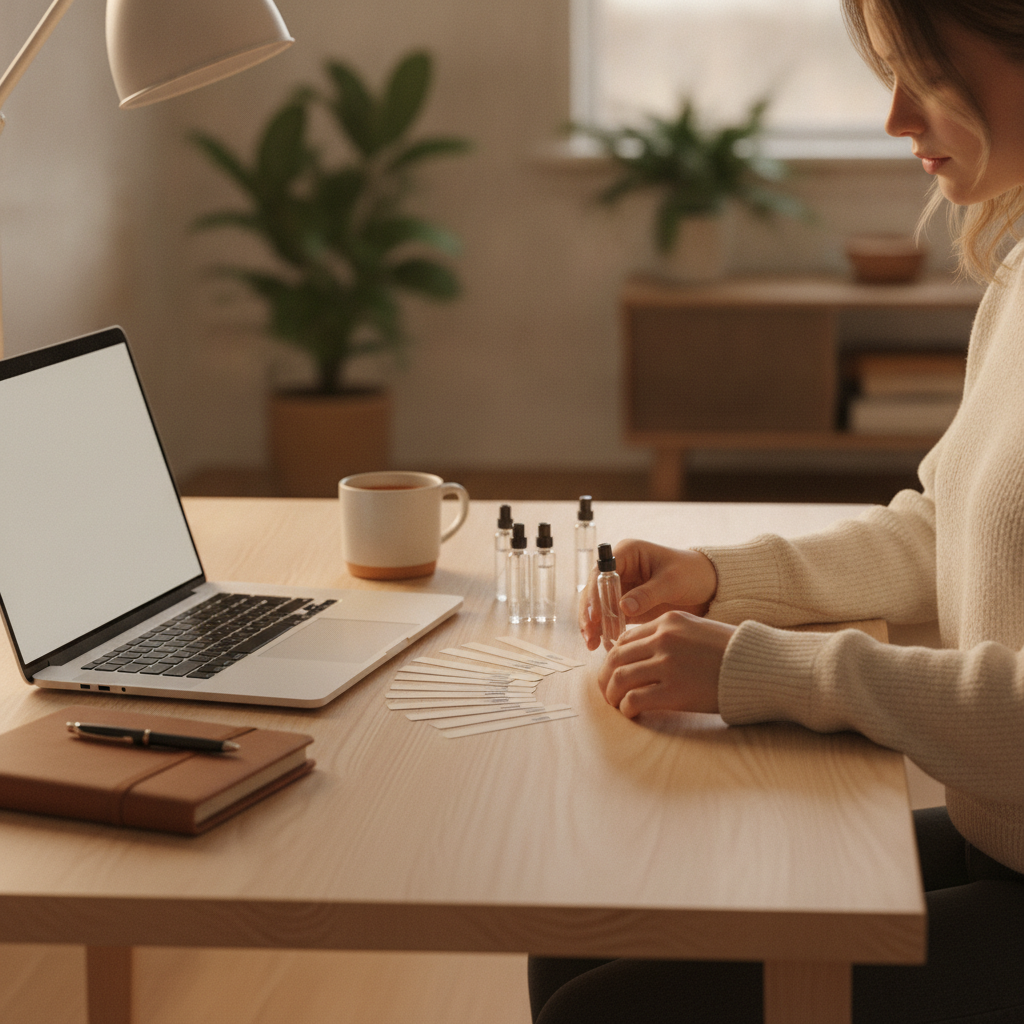 Lifestyle scene of arranging fragrance sample vials with paper blotter strips to evaluate free-by-mail perfume samples at home