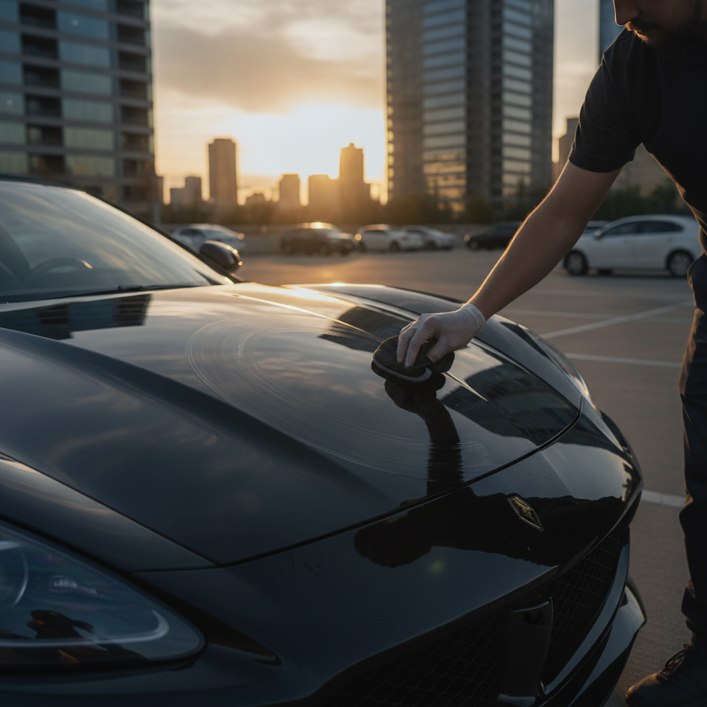 Applying ceramic protection during mobile detailing at an office parking lot, enhancing gloss and hydrophobic performance