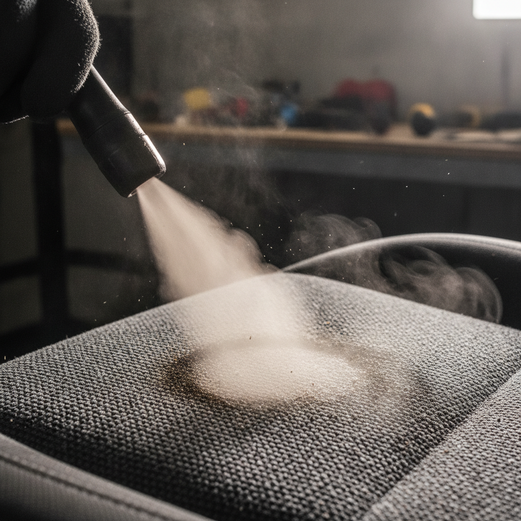Steam cleaning upholstery during mobile car detailing at home or office with professional steamer removing stains