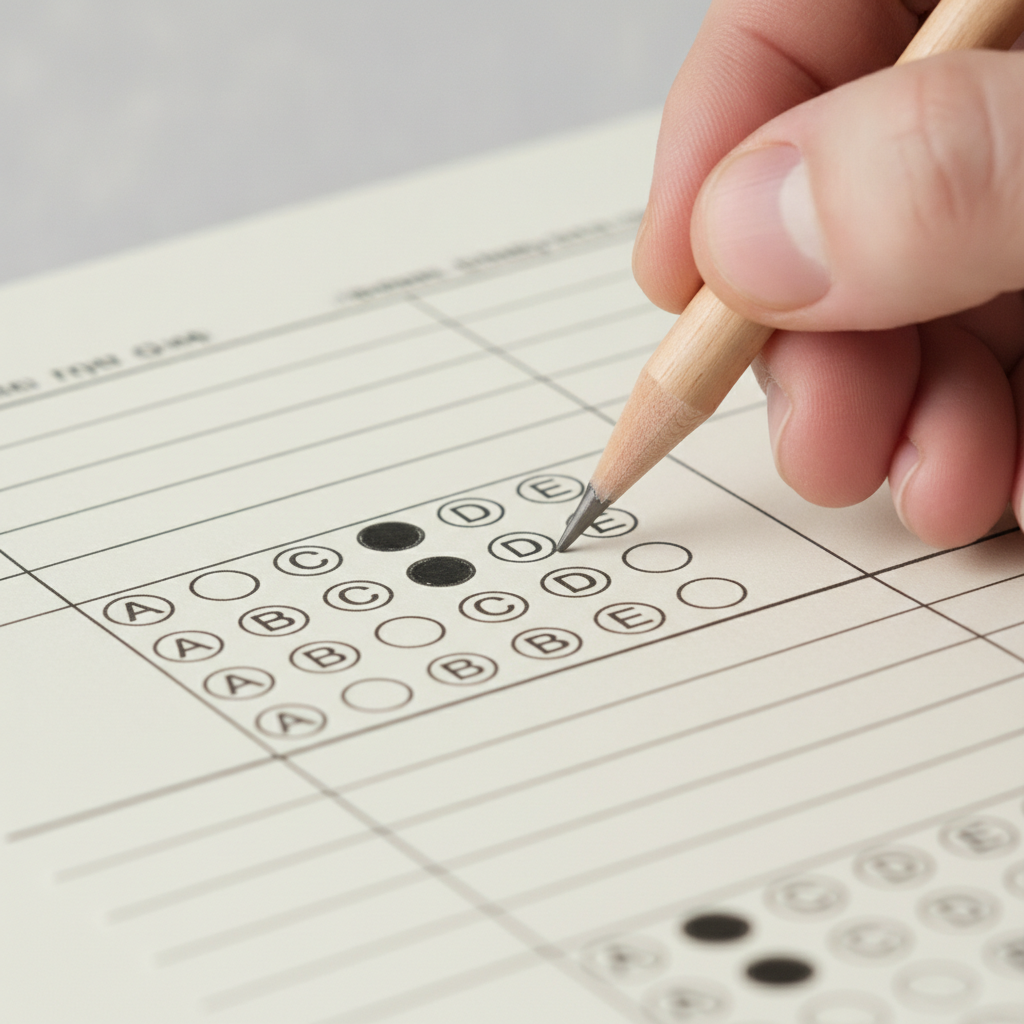 Close-up of multiple-choice bubbles representing PfMP mock exam questions under timed conditions