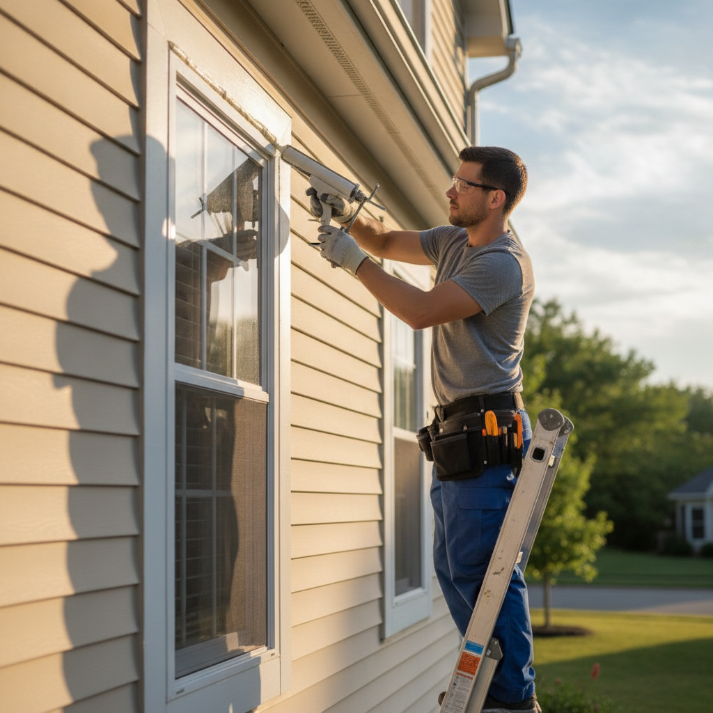 Technician applying exterior window caulking around a vinyl frame on a sunny day