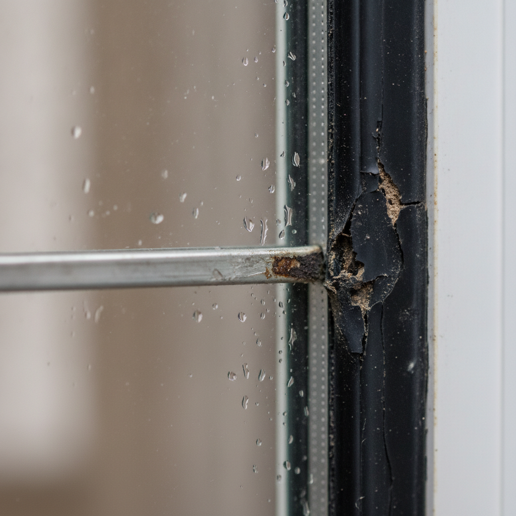 Close-up photo of a failed double-pane window seal with moisture and spacer detail