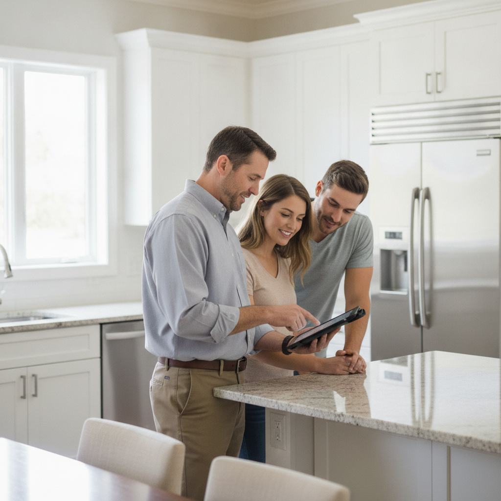 Home inspector reviewing a digital PDF inspection report on a tablet with clients in a bright kitchen, demonstrating same-day reporting and clear recommendations