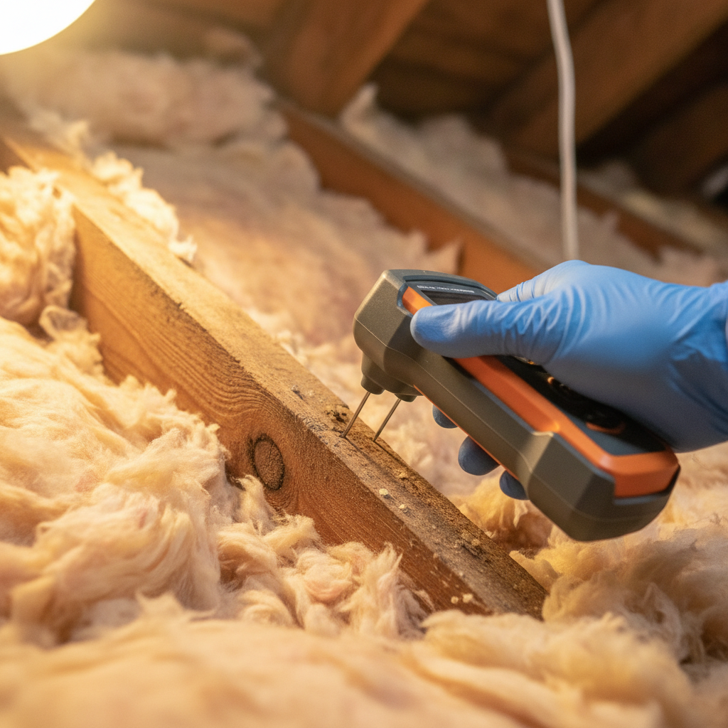 Close-up of NACHI certified home inspector using a moisture meter during attic inspection to check for leaks and insulation issues