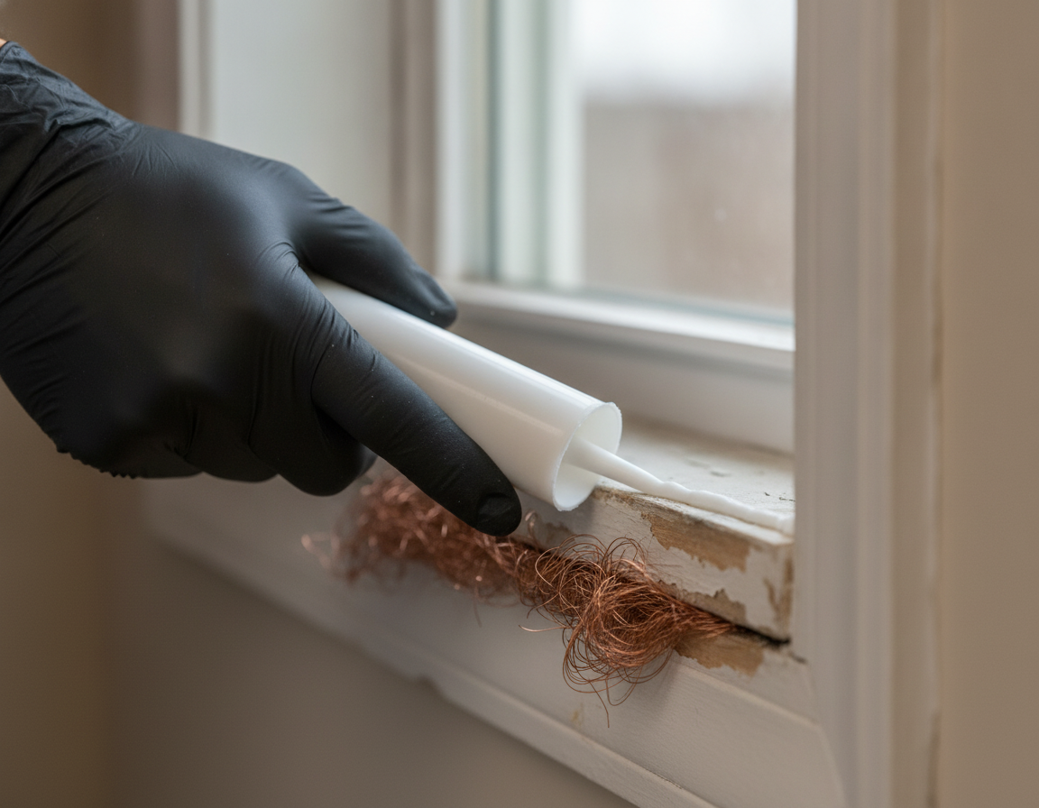 Close-up sealing a window frame gap with silicone and copper mesh for ant exclusion