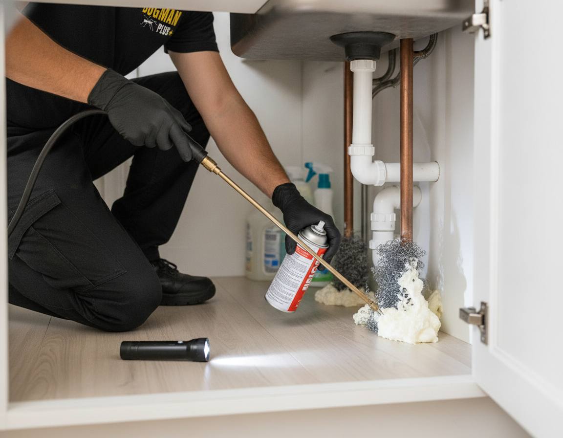 Under-sink pipe penetrations sealed with steel wool and foam to block ant entry