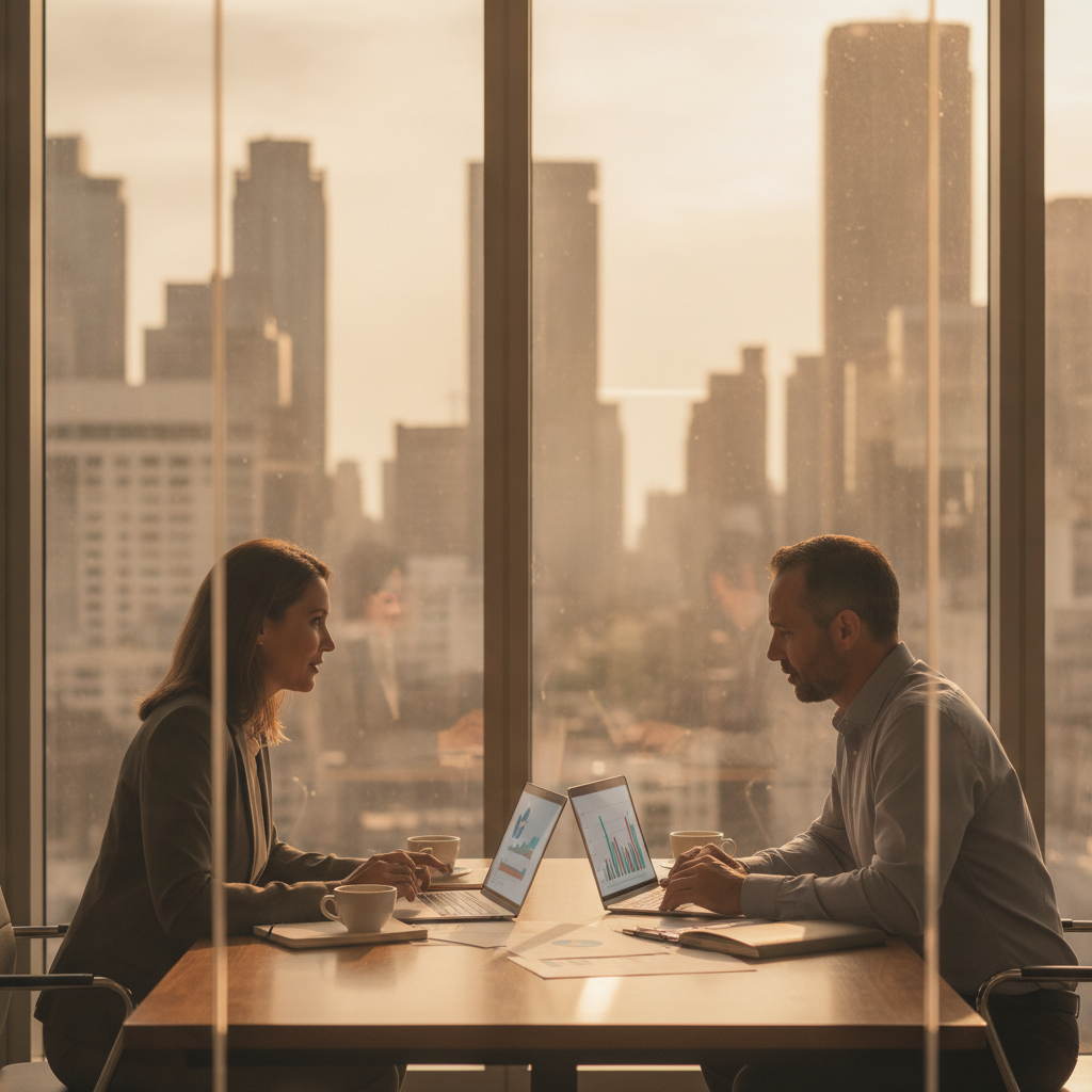 Small business owner meeting an accountant in a glass-walled room; collaborative accounting and auditing planning scene
