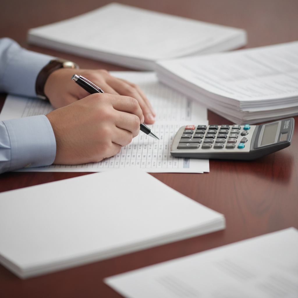 Close-up of auditor reviewing schedules, calculator and pen; assurance detail relevant to accounting and auditing