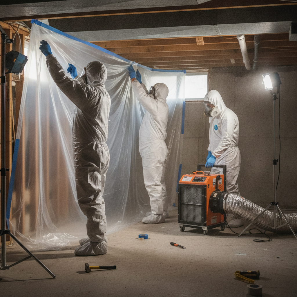 Technicians installing plastic containment and a negative air scrubber during basement mold remediation