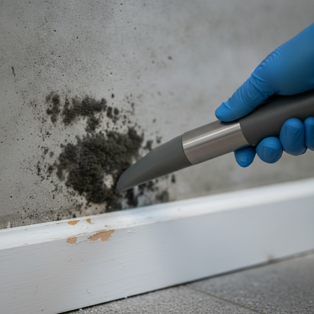 Close-up of black mold on a basement wall with a HEPA vacuum nozzle for safe removal