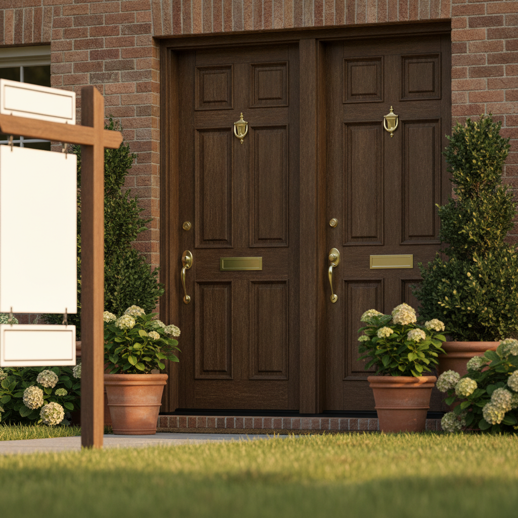 Front entry of a Cambridge duplex, two doors and mailboxes, representing multiunit homes for sale