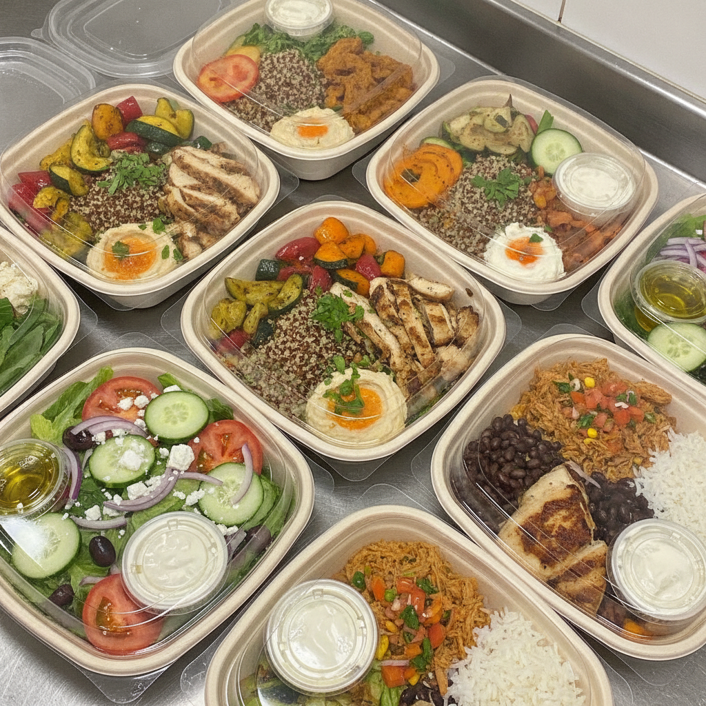 Individually packaged corporate lunches: Mediterranean, Greek, and Mexican bowls labeled for dietary needs in Woodbridge offices
