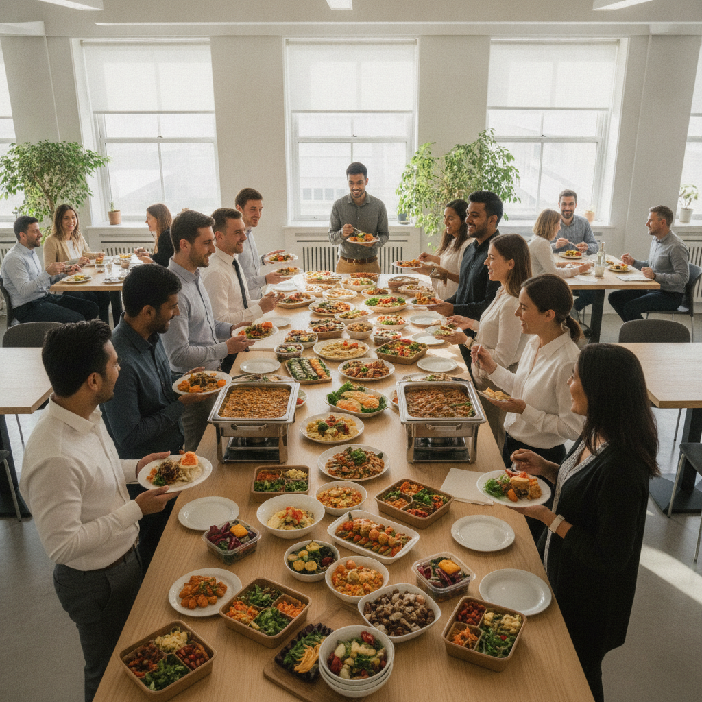 Diverse office team in Woodbridge enjoying catered team lunches with buffet and individually packaged meals