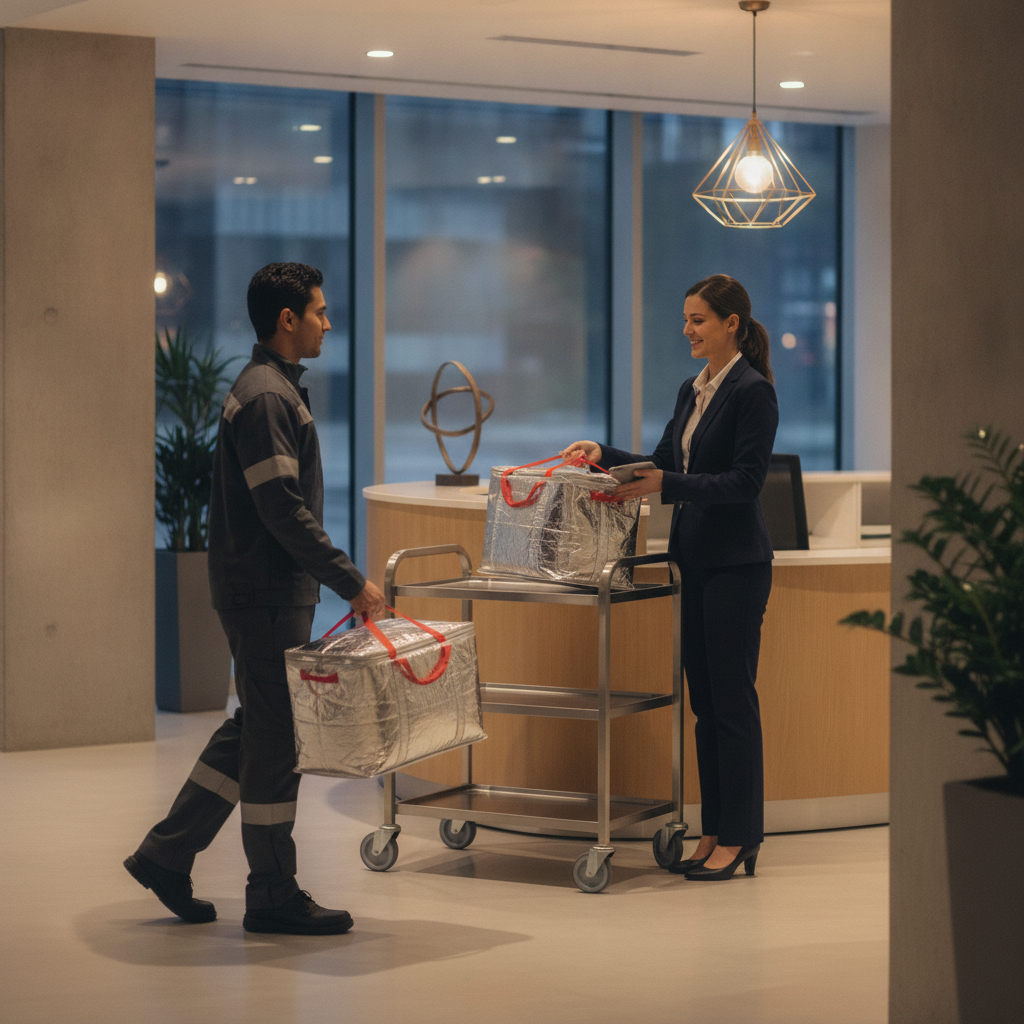 Courier delivering corporate catering bags to a Woodbridge office lobby for an on-time team lunch