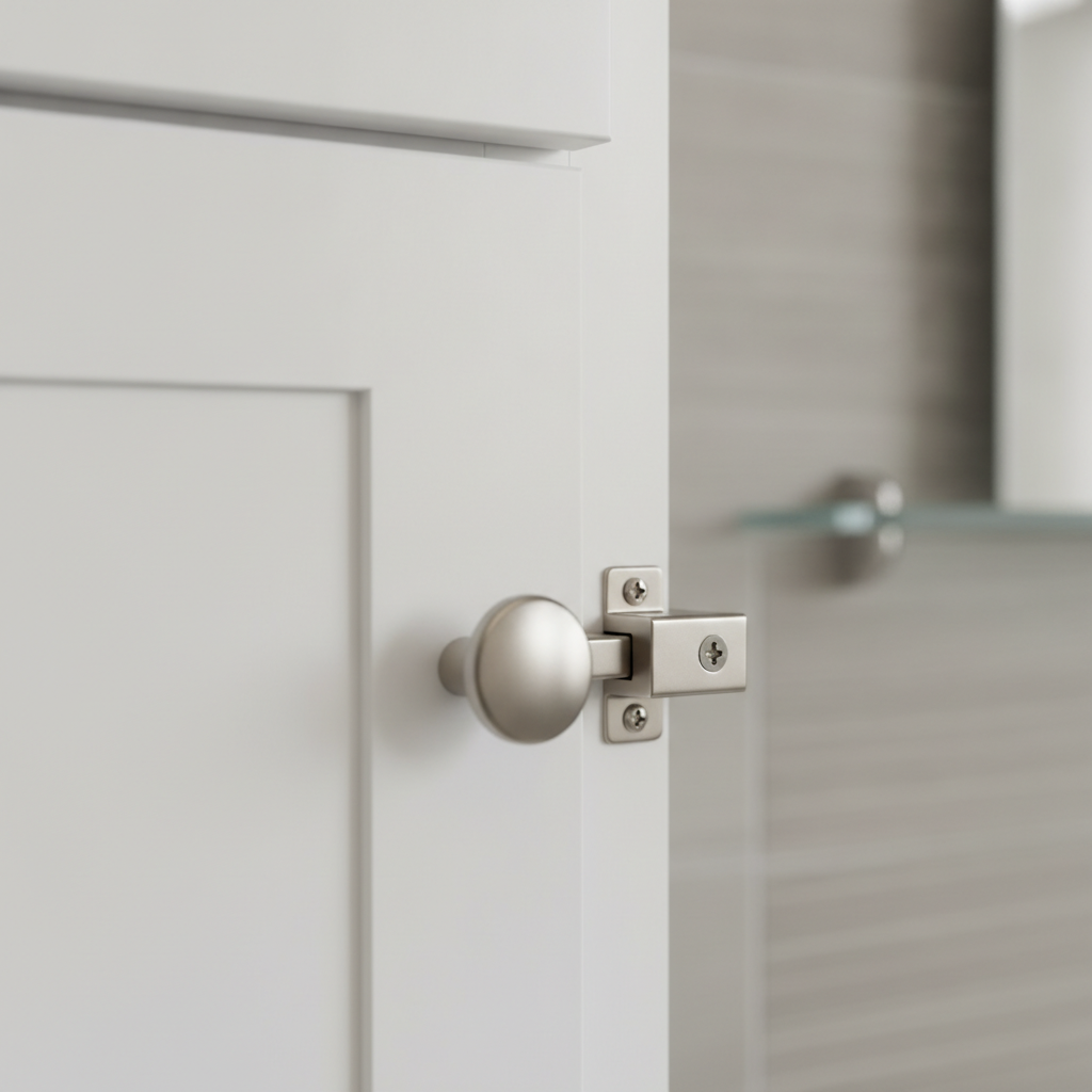 How to Choose Bathroom Cabinets Without Regret in 2026 2 Close-up of painted MDF bathroom cabinet door edge with soft-close hinge and moisture-resistant finish