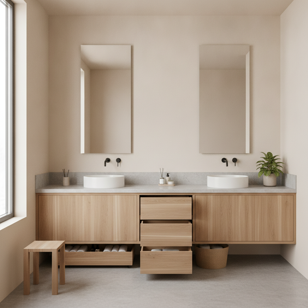 Contemporary bathroom with custom double-sink vanity cabinets and quartz countertop by bathroom cabinet makers