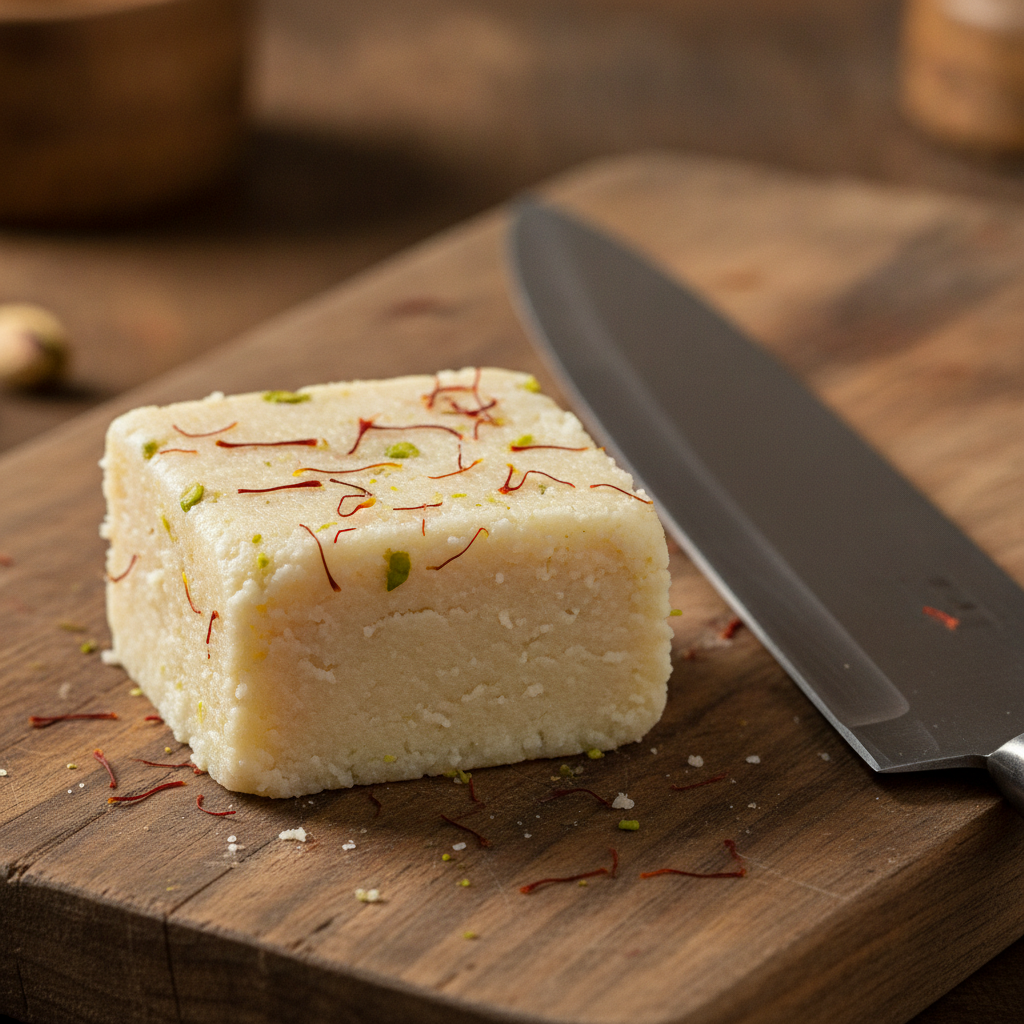 Close-up of milk barfi Indian dessert topped with saffron and pistachios, showing smooth fudge texture