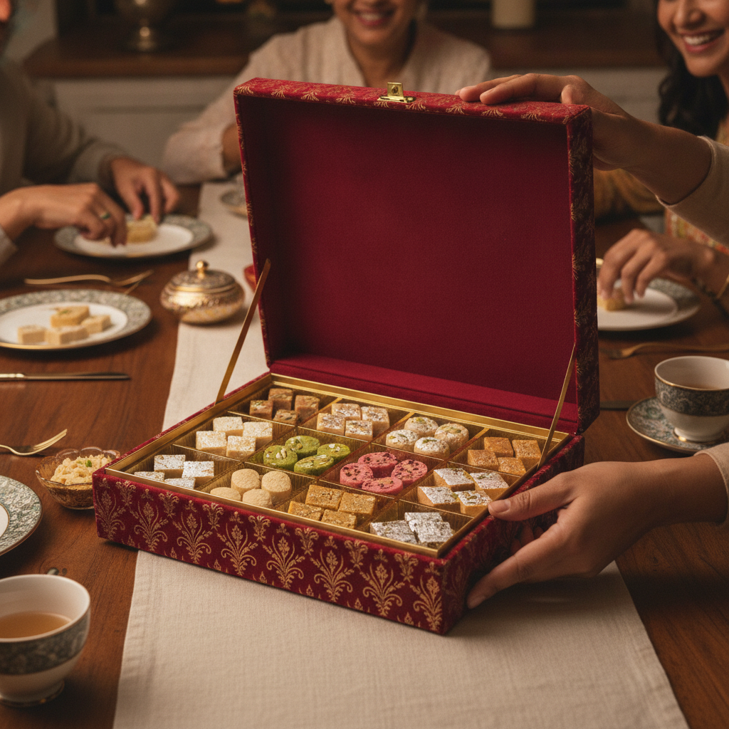Gifting scene with mithai box of assorted barfi Indian dessert pieces opened at a family table