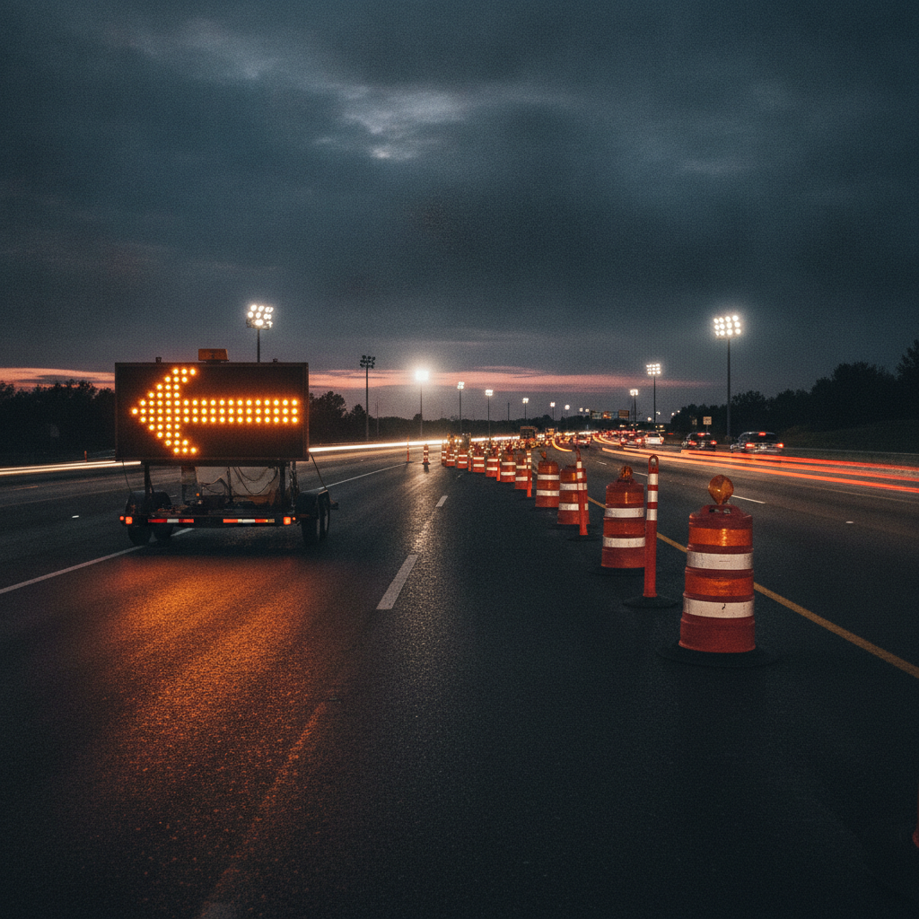 Evening road construction lane closure with arrow board and channelizing drums guiding traffic