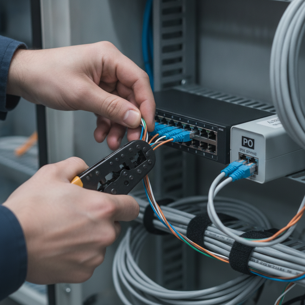 Detail of professional home automation system installation with Ethernet termination into a PoE network switch and tidy low-voltage cabinet