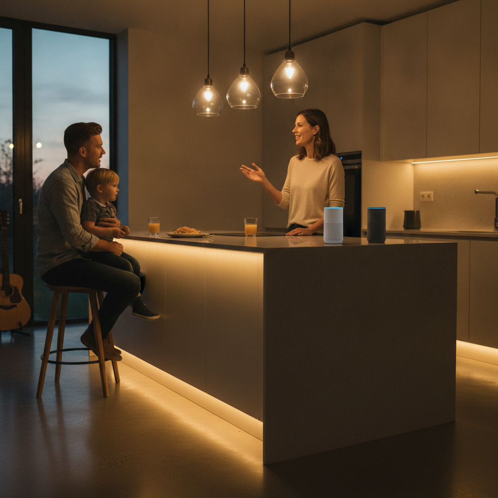 Family using voice control in a smart kitchen where lighting and whole‑home audio respond in sync