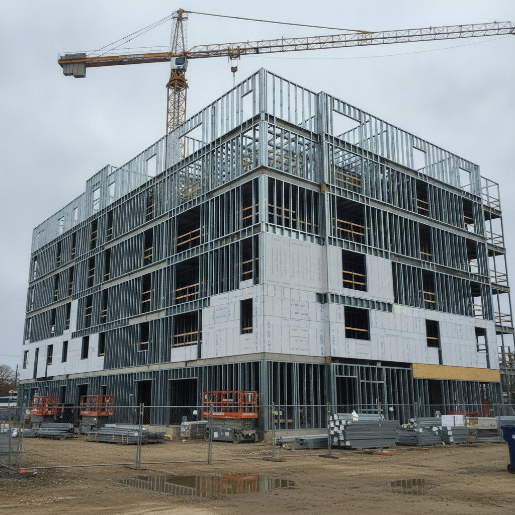 Exterior cold-formed steel framing on multi-story building, side-angle view with sheathing partially installed