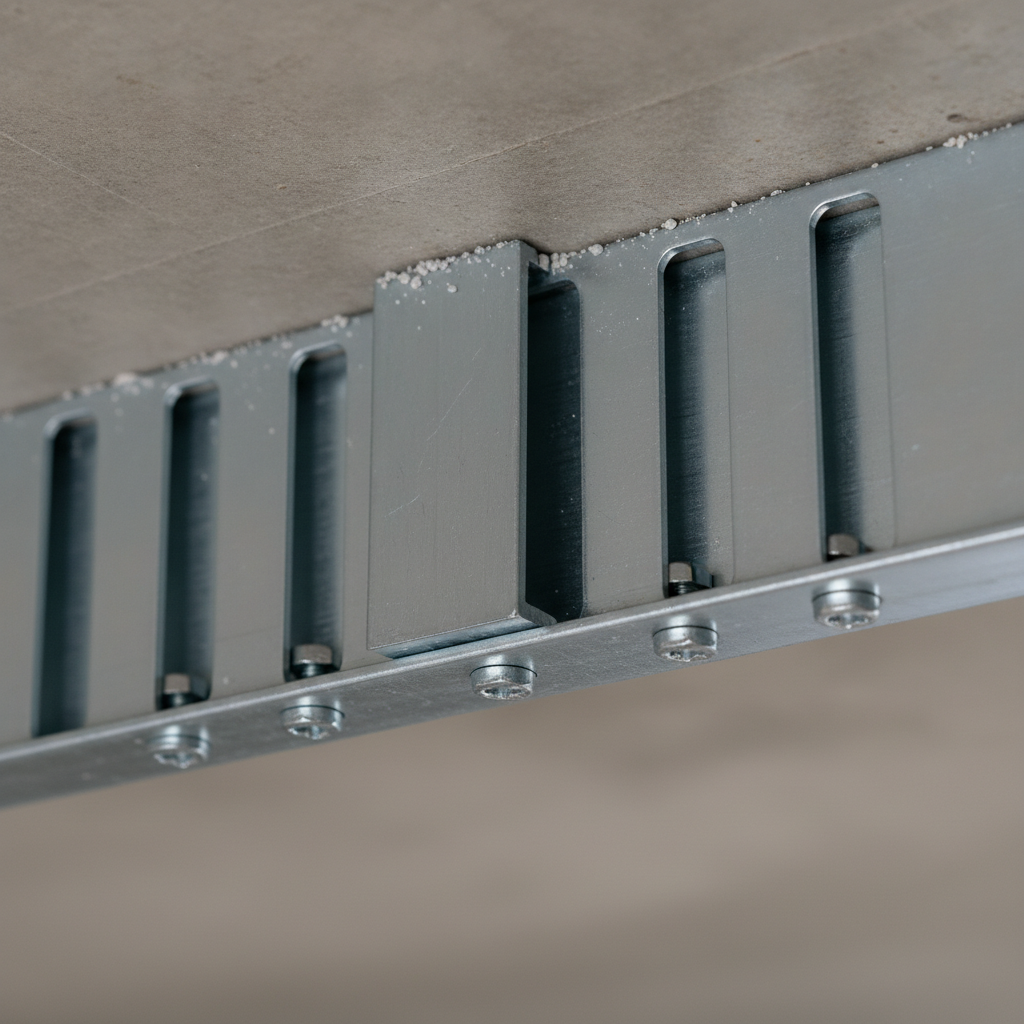 Close-up slotted deflection track detail for light gauge steel framing, showing slots, fasteners, and slip gap to slab