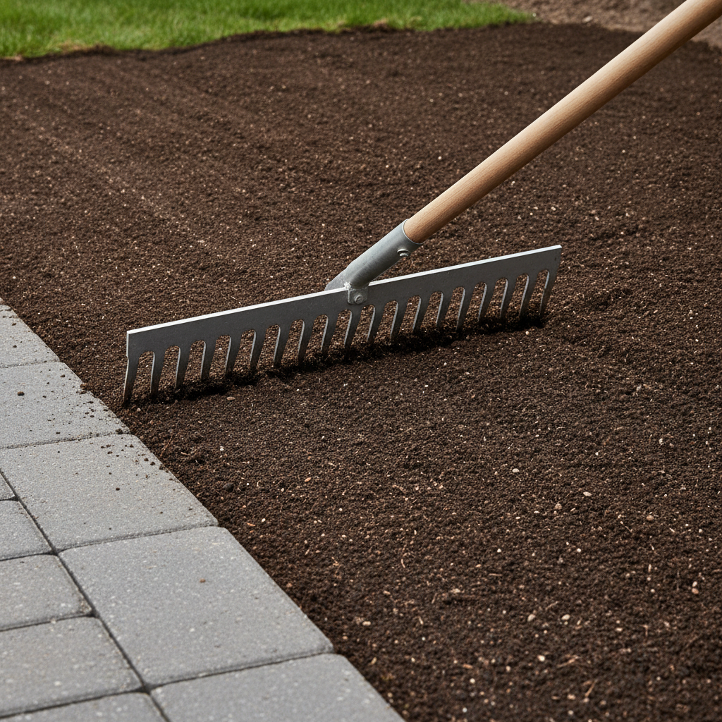 Close-up of lawn replacement soil prep showing topsoil leveled against an interlocking paver edge in Mississauga