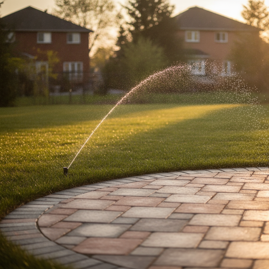 New Mississauga backyard lawn installed beside a stone patio with interlocking pavers and evening sprinkler arc